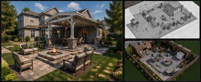collage of photos with homes and backyards